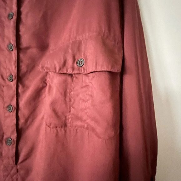 Peruvian Connection Lightweight Brown Blouse Top Roll Tab Sleeves Pockets Size M - Picture 5 of 10